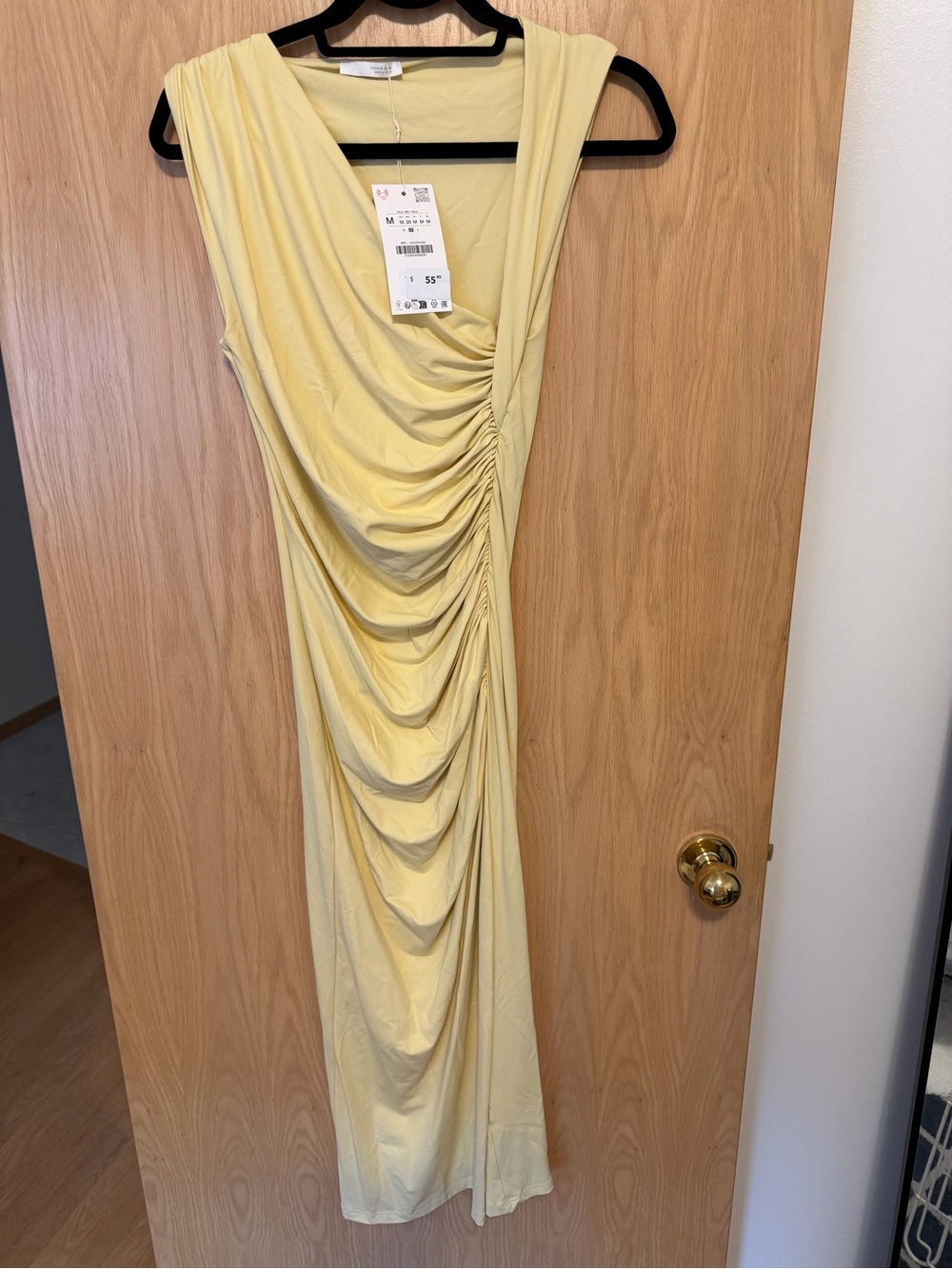 Zara Pale Yellow Ruched Sleeveless Maxi Dress
